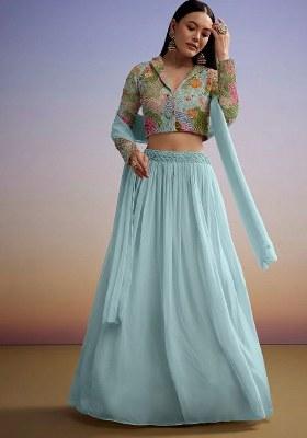 Pastel Blue Embroidered Crepe Lehenga Set