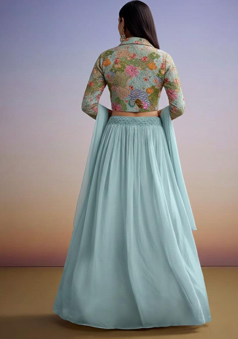 Pastel Blue Embroidered Crepe Lehenga Set - Indya