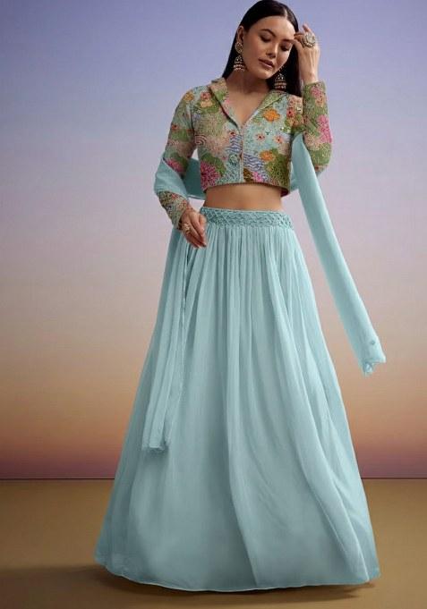 Pastel Blue Embroidered Crepe Lehenga Set