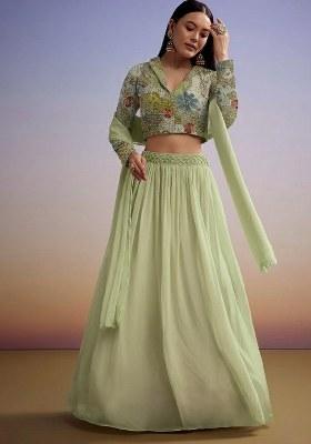 Pastel Green Embroidered Crepe Lehenga Set