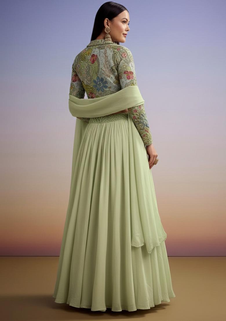 Pastel Green Embroidered Crepe Lehenga Set - Indya