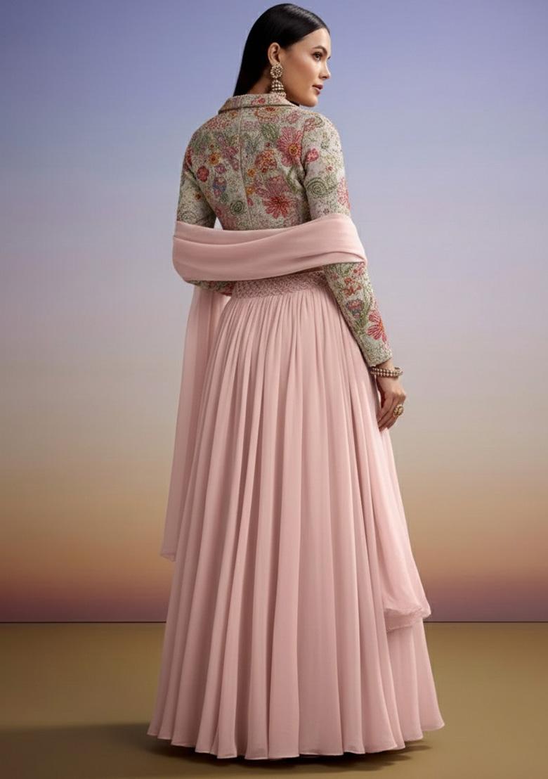 Pink Embroidered Crepe Lehenga Set - Indya