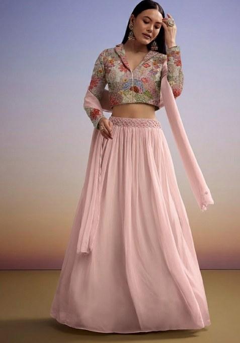 Pink Embroidered Crepe Lehenga Set