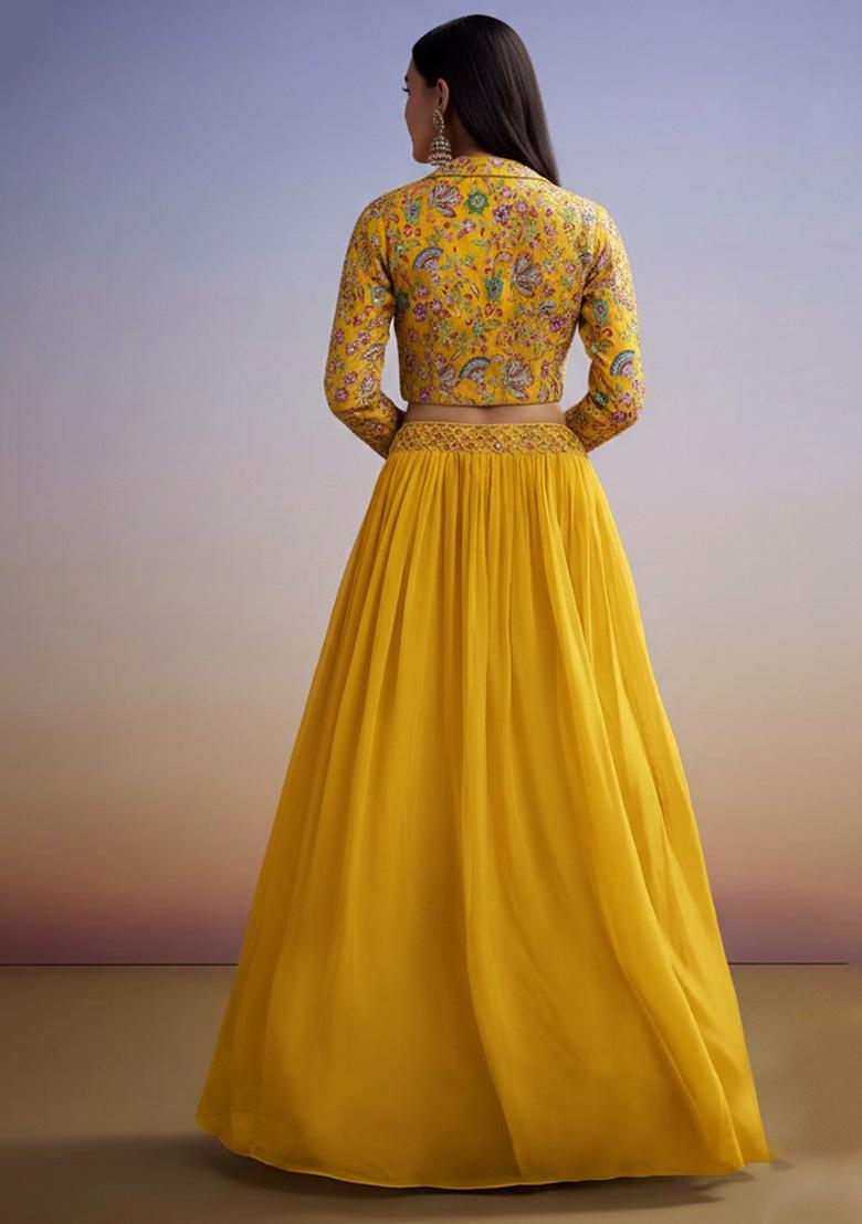 Yellow Floral Print Crepe Lehenga Set - Indya