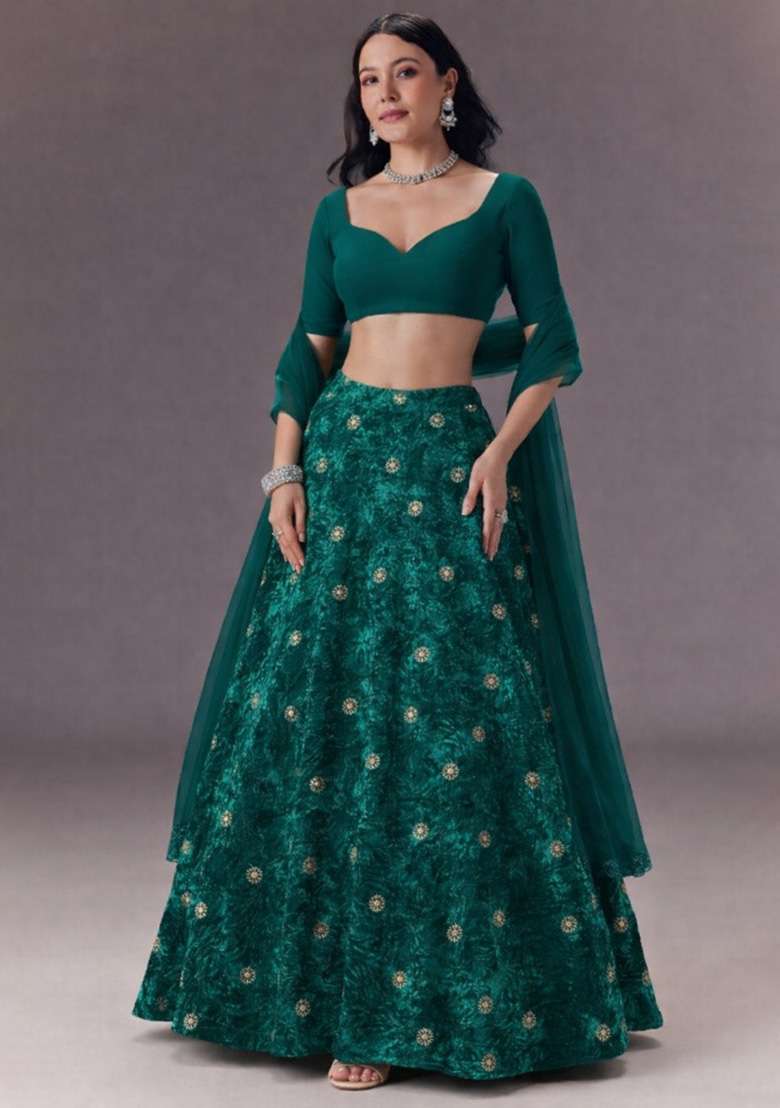 Teal Green Sequin Velvet Lehenga Set - Indya