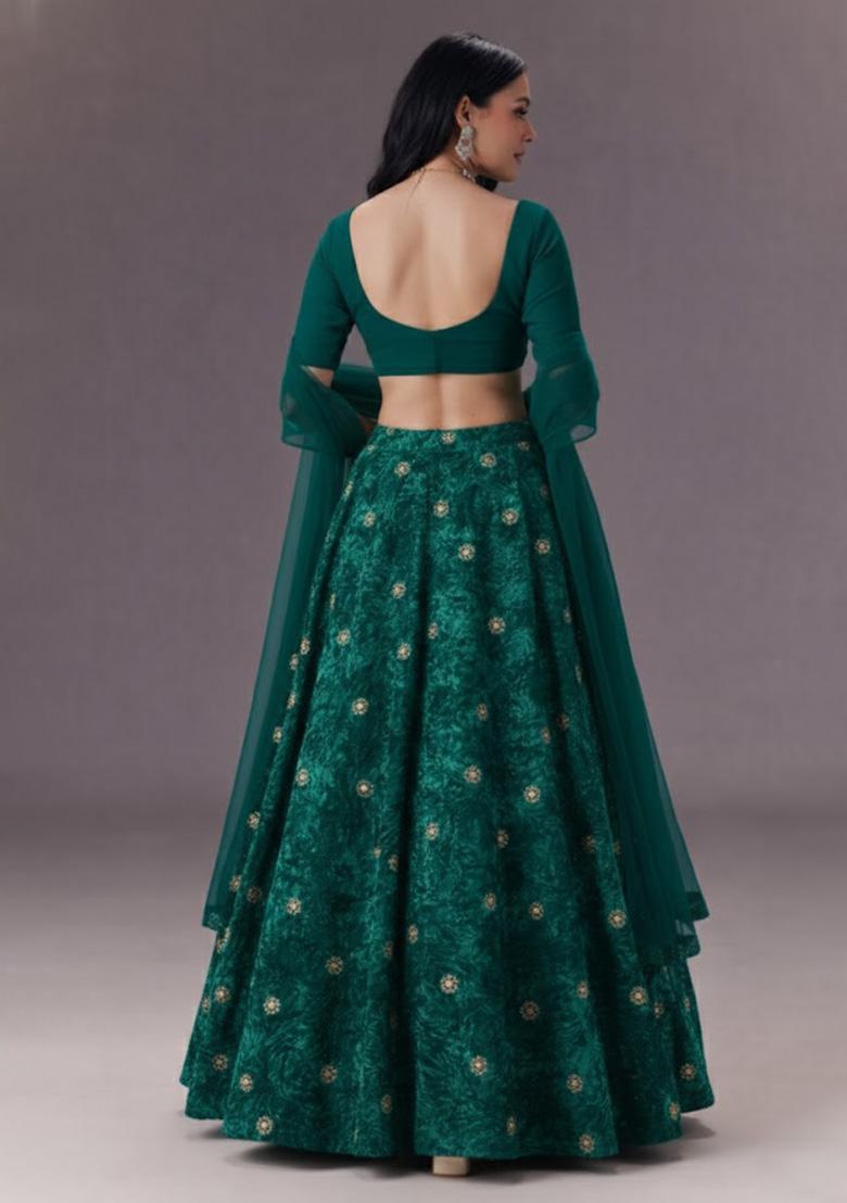 Teal Green Sequin Velvet Lehenga Set - Indya