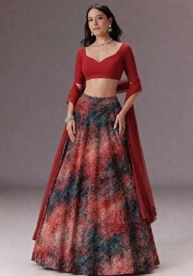 Deep Red Abstract Print Velvet Lehenga Set