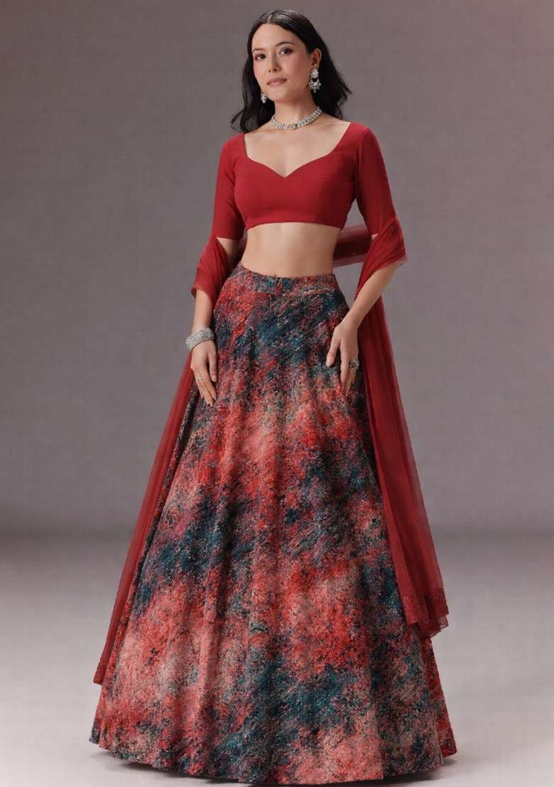 Deep Red Abstract Print Velvet Lehenga Set - Indya