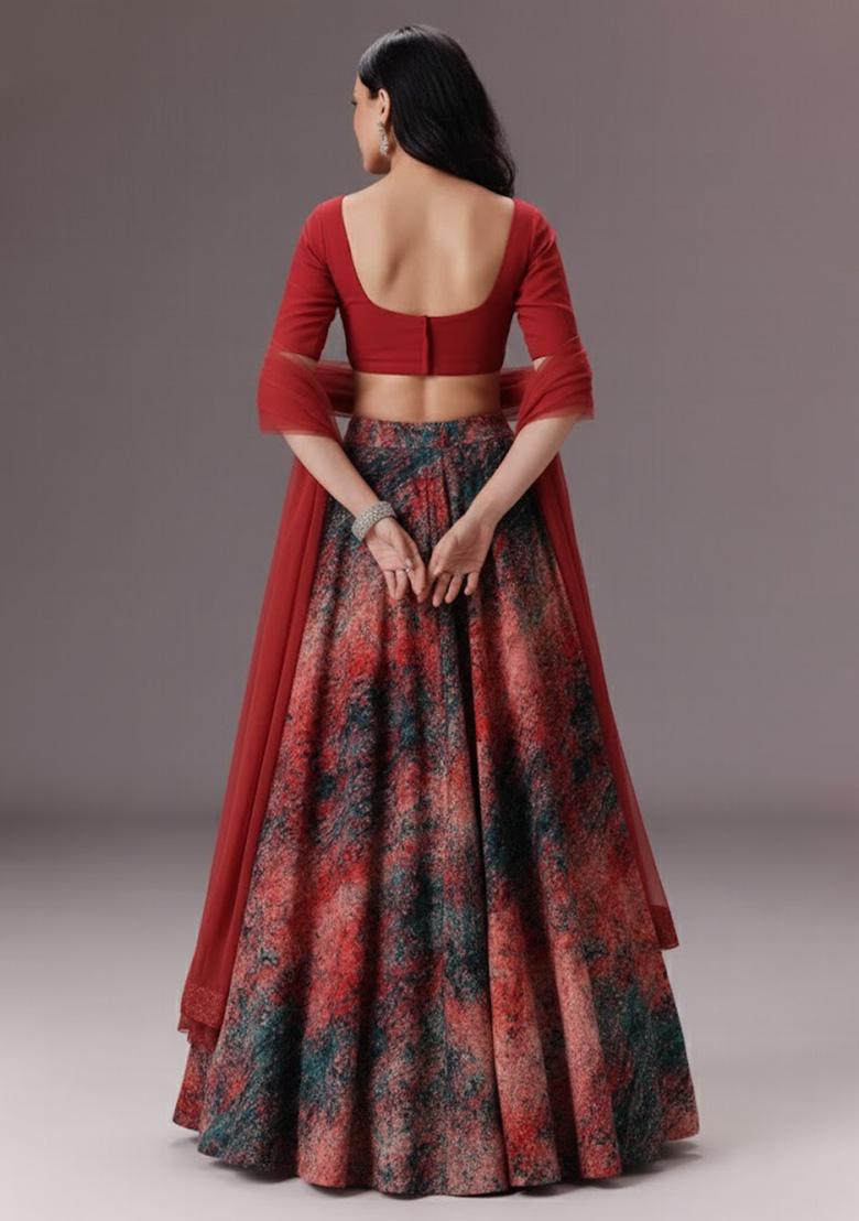 Deep Red Abstract Print Velvet Lehenga Set - Indya
