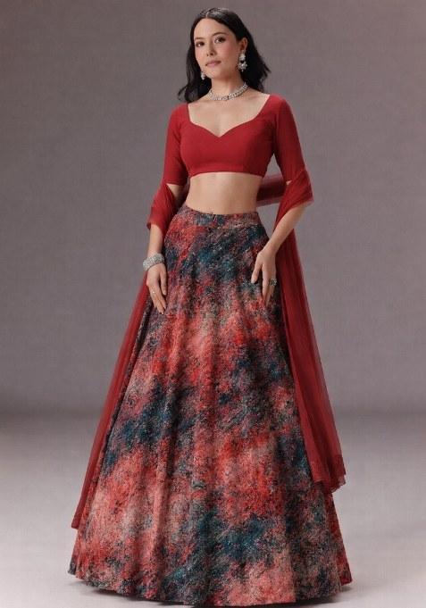 Deep Red Abstract Print Velvet Lehenga Set