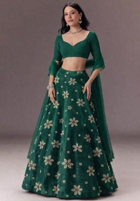Bottle Green Floral Print Velvet Lehenga Set