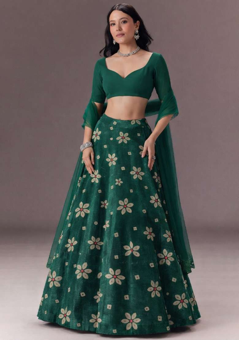 Bottle Green Floral Print Velvet Lehenga Set - Indya