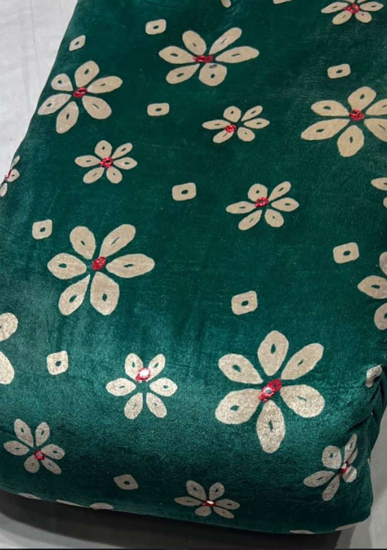Bottle Green Floral Print Velvet Lehenga Set - Indya