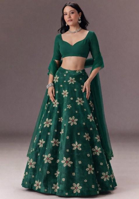 Bottle Green Floral Print Velvet Lehenga Set