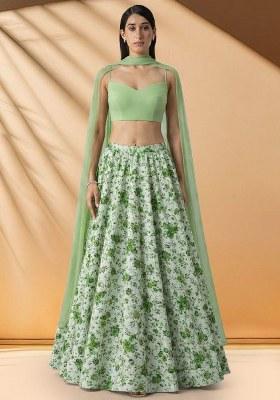 Mint Green Floral Print Crepe Lehenga Set