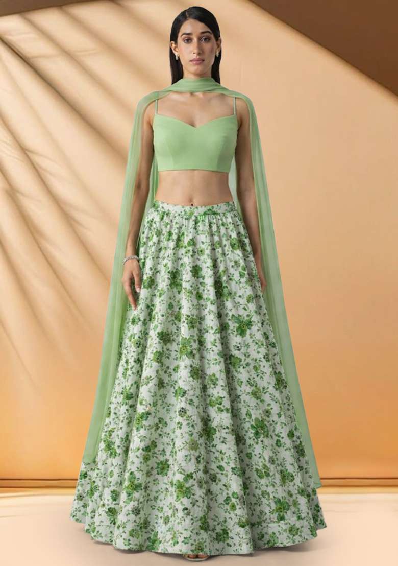 Mint Green Floral Print Crepe Lehenga Set for Diwali and Festive Wear - Indya