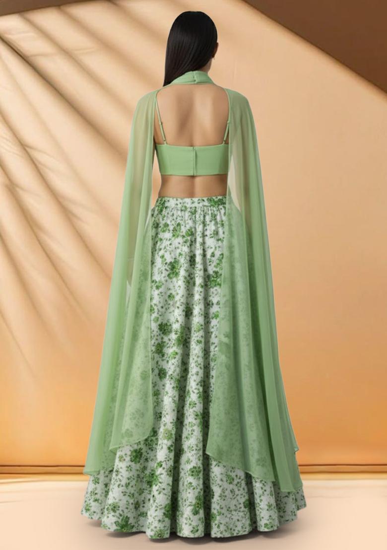 Mint Green Floral Print Crepe Lehenga Set - Indya