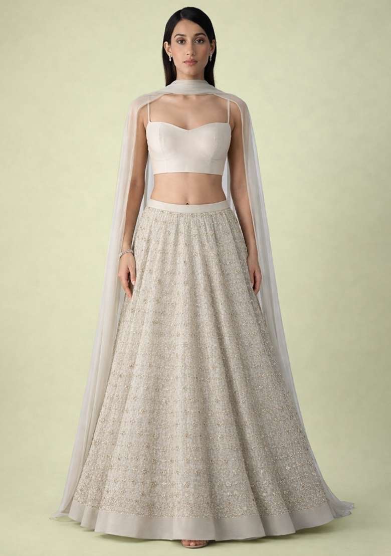 Ivory Embellished Georgette Lehenga Set - Indya
