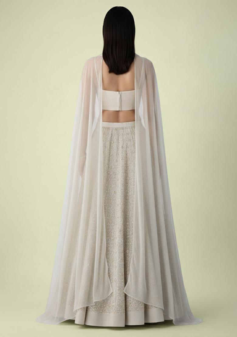 Ivory Embellished Georgette Lehenga Set - Indya