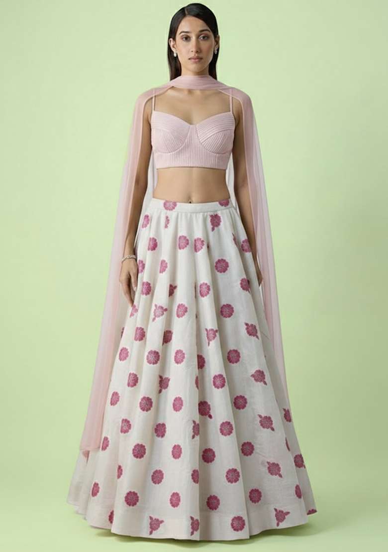 Blush Pink Embroidered Crepe Lehenga Set - Indya