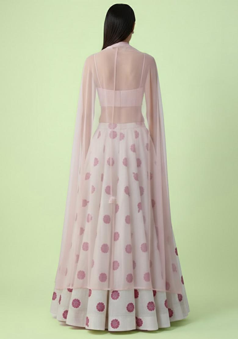 Blush Pink Embroidered Crepe Lehenga Set - Indya