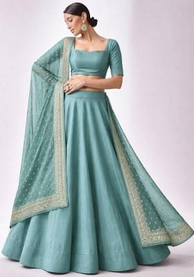 Aqua Blue Chinon Lehenga Set