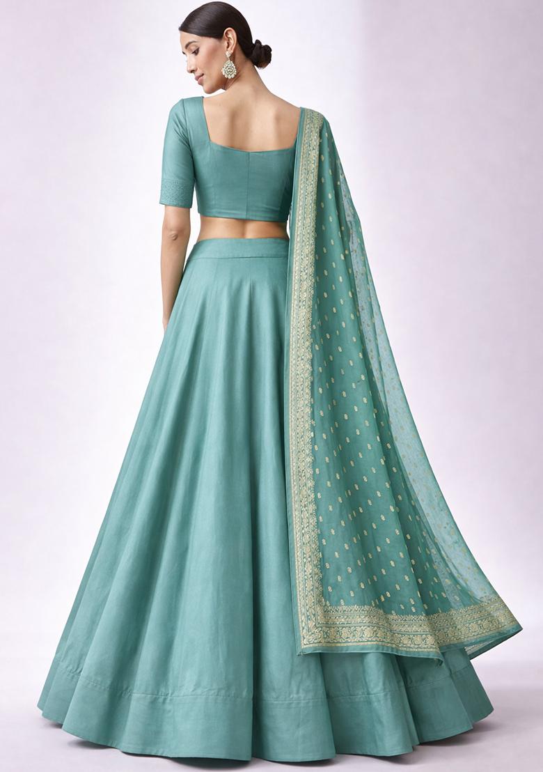 Aqua Blue Chinon Lehenga Set - Indya