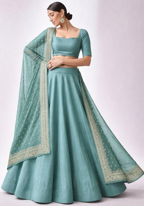 Aqua Blue Chinon Lehenga Set