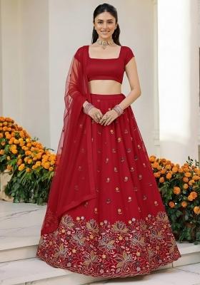 Deep Red Embroidered Moss Lehenga Set
