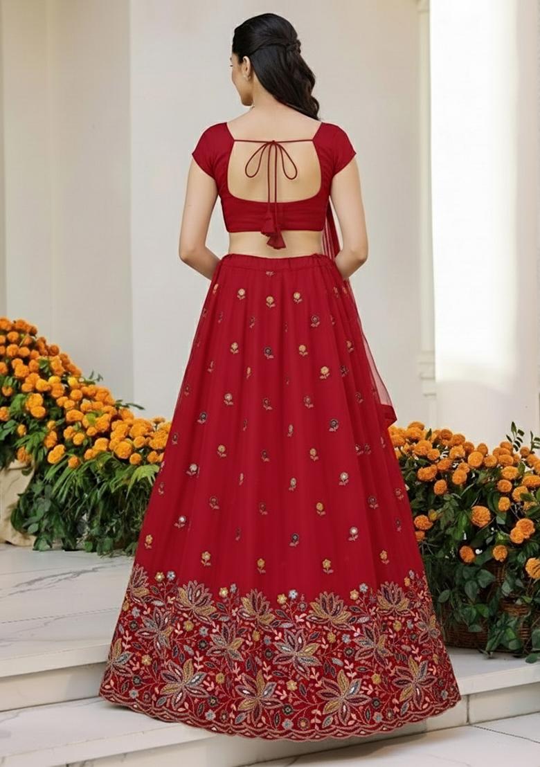 Deep Red Embroidered Moss Lehenga Set - Indya