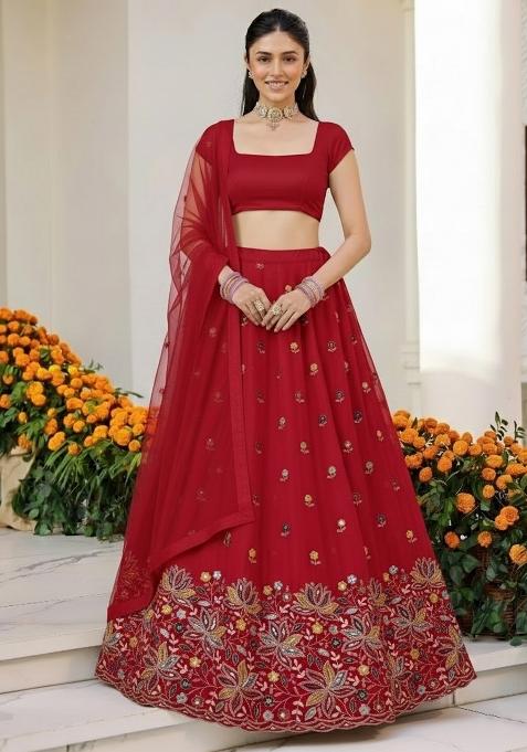 Deep Red Embroidered Moss Lehenga Set