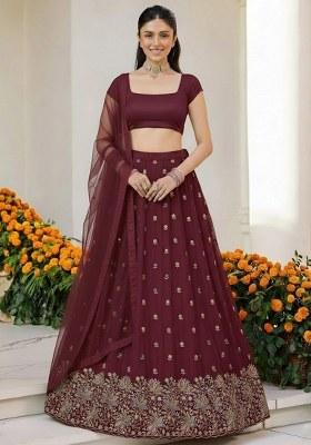 Wine Embroidered Moss Lehenga Set