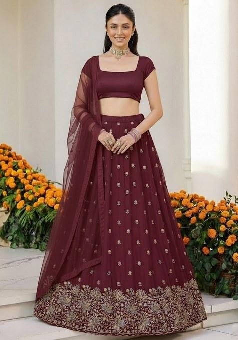 Wine Embroidered Moss Lehenga Set