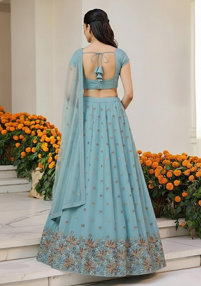 Ice Blue Embroidered Moss Lehenga Set - Indya