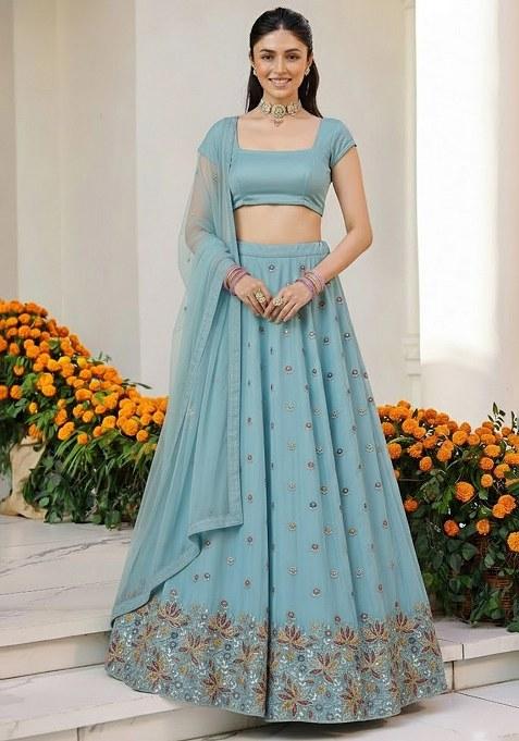 Ice Blue Embroidered Moss Lehenga Set — view on Indya