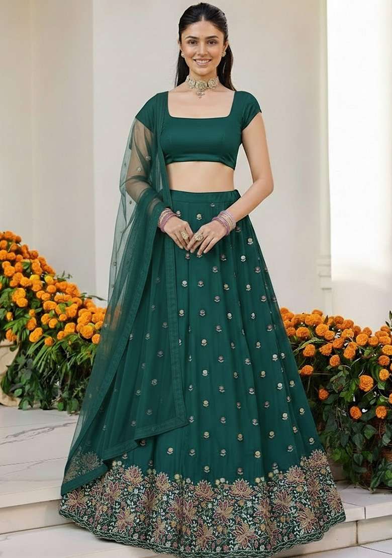 Bottle Green Embroidered Moss Lehenga Set - Indya