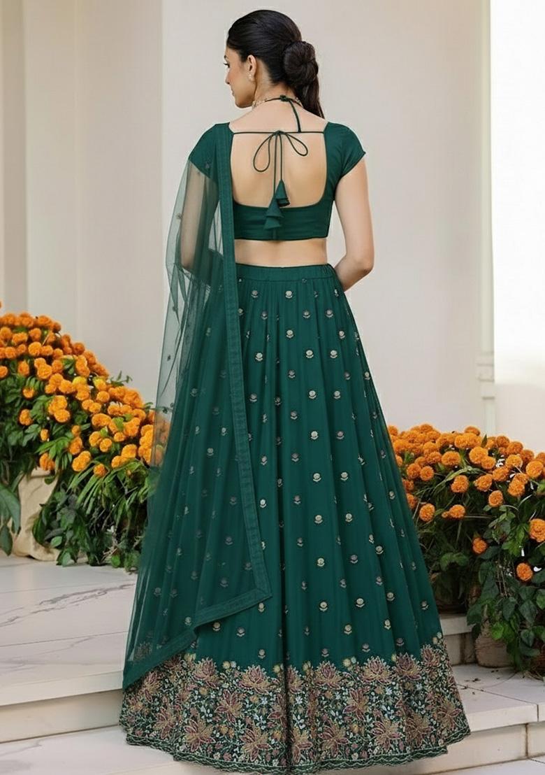 Bottle Green Embroidered Moss Lehenga Set - Indya