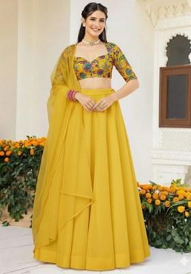 Yellow Embroidered Crepe Lehenga Set