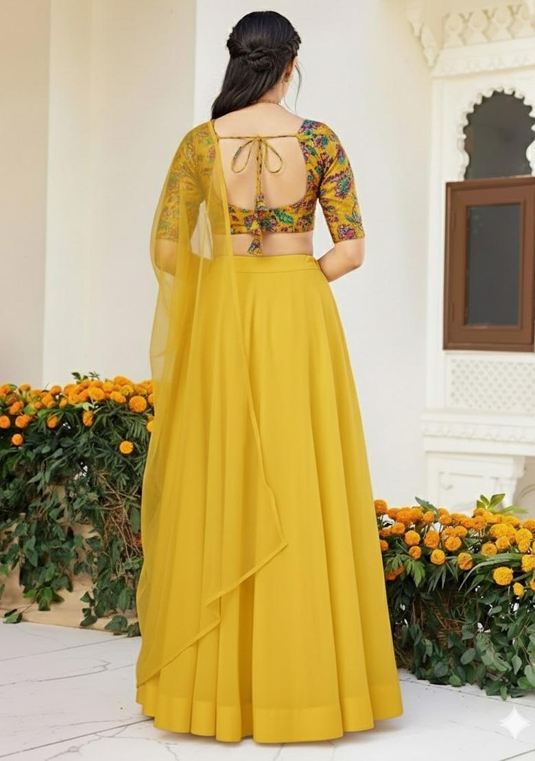 Yellow Embroidered Crepe Lehenga Set - Indya