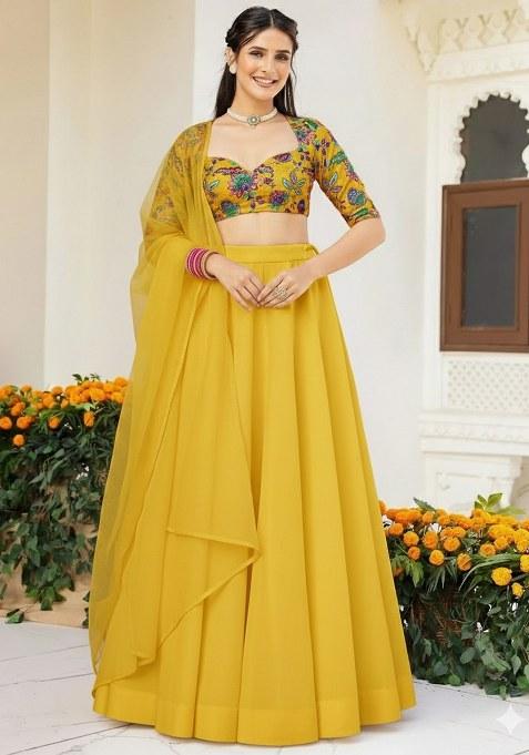 Yellow Embroidered Crepe Lehenga Set
