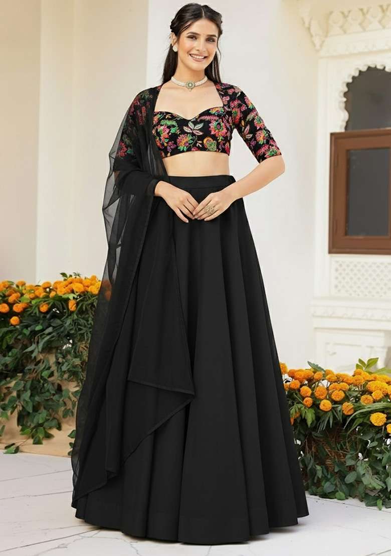 Black Crepe Lehenga Set with Embroidered for Diwali | Wedding & Festive Wear - Indya