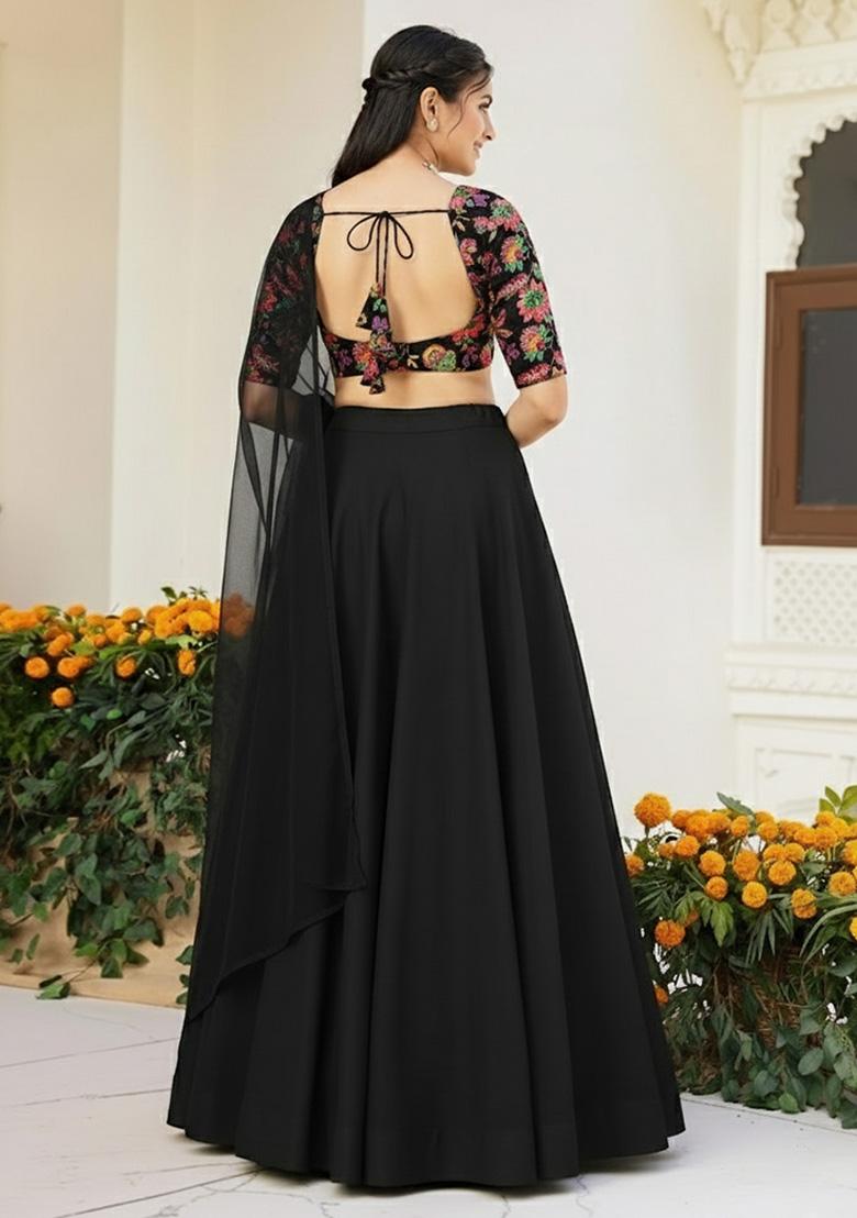 Black Embroidered Crepe Lehenga Set - Indya