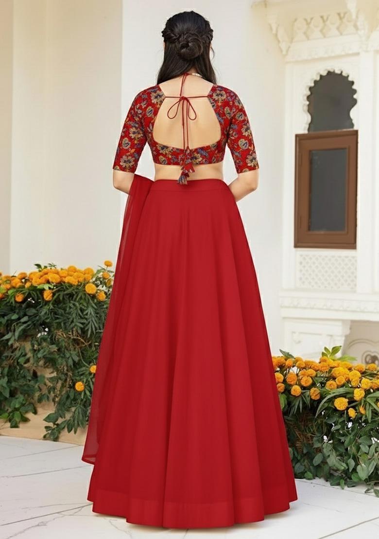 Deep Red Embroidered Crepe Lehenga Set - Indya