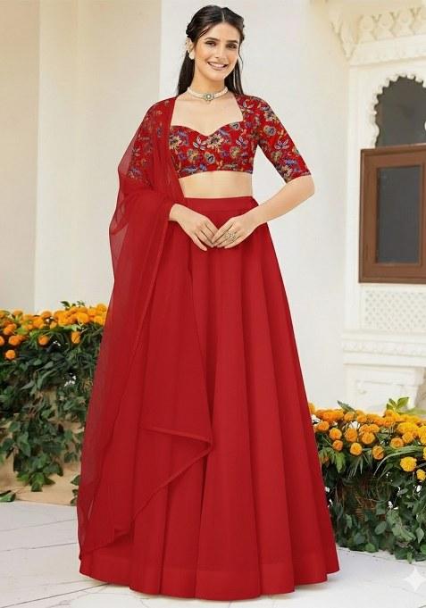 Deep Red Embroidered Crepe Lehenga Set