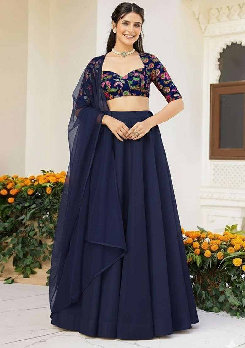 Navy Blue Crepe Lehenga Set with Embroidered for Diwali | Wedding & Festive Wear - Indya