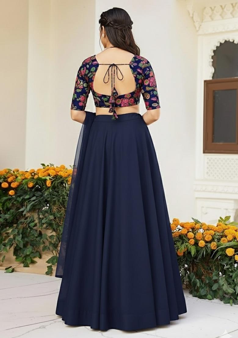 Navy Blue Embroidered Crepe Lehenga Set - Indya