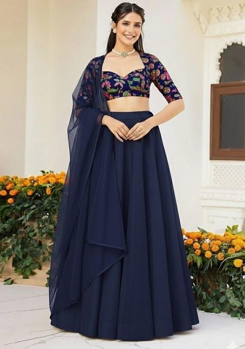 Navy Blue Embroidered Crepe Lehenga Set — view on Indya