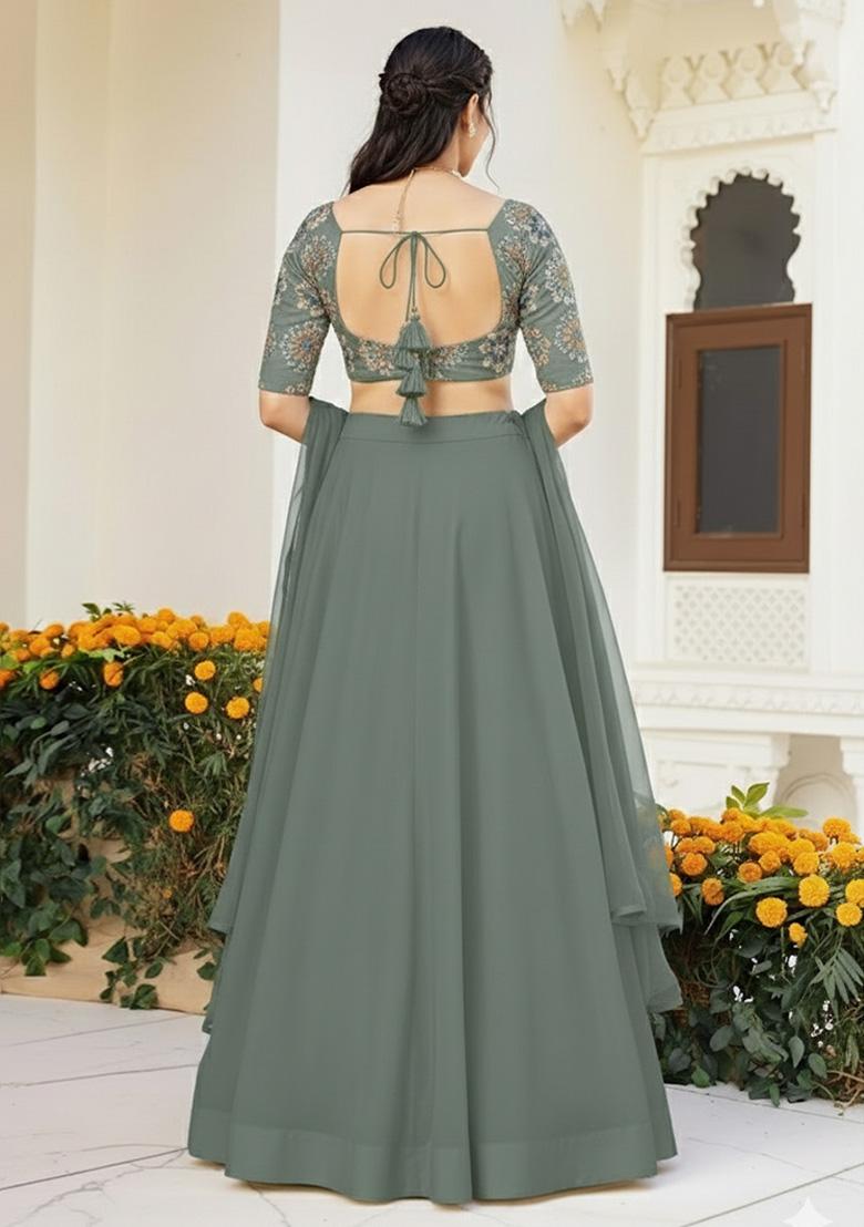 Sage Green Embroidered Crepe Lehenga Set - Indya