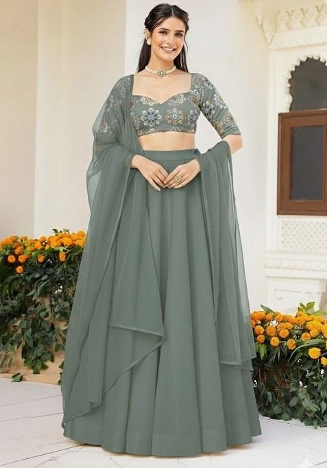 Sage Green Embroidered Crepe Lehenga Set — view on Indya