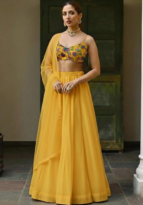 Yellow Embroidered Crepe Lehenga Set